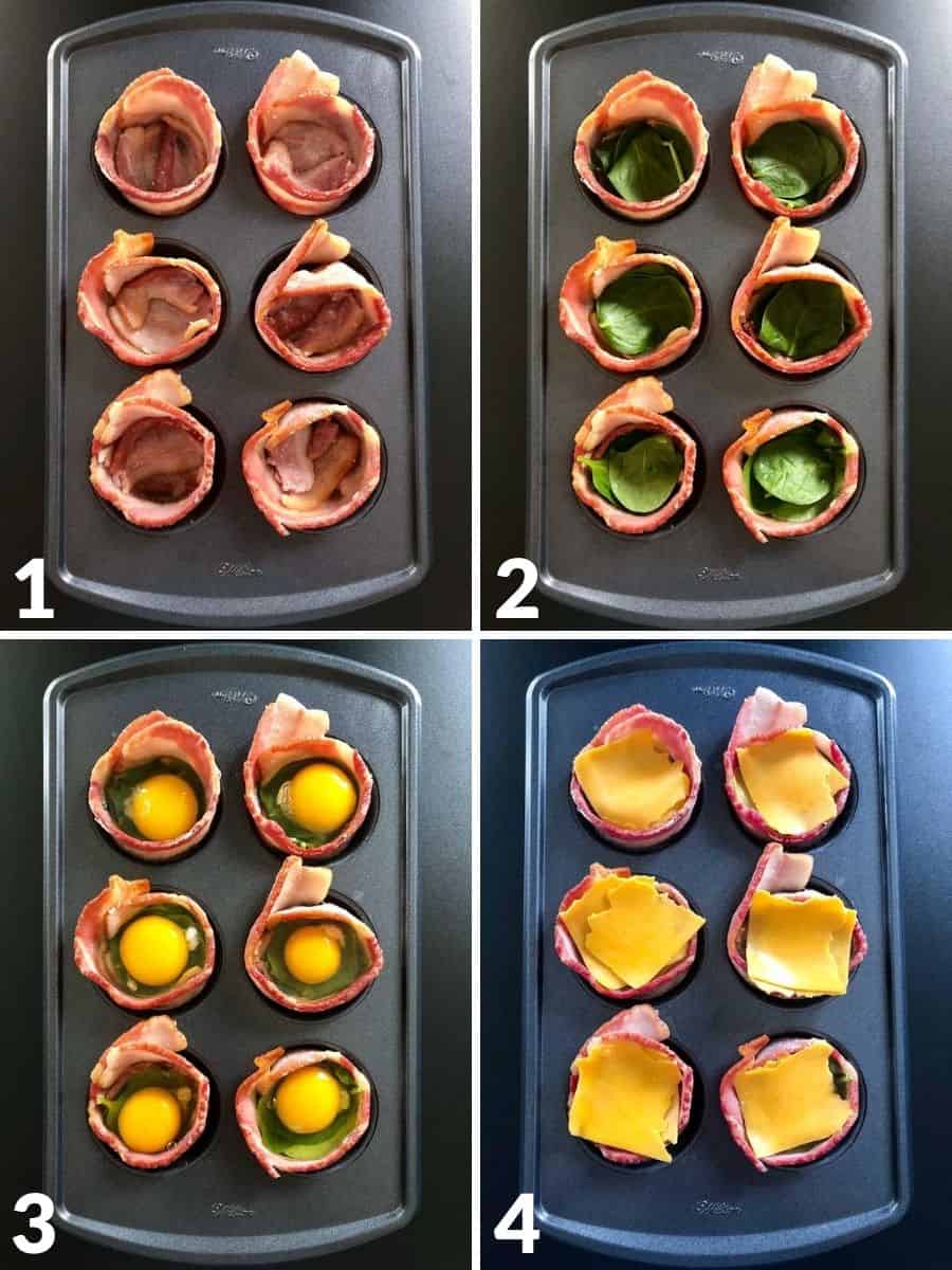 Collage of images showing how to prepare bacon egg cups in muffin pan