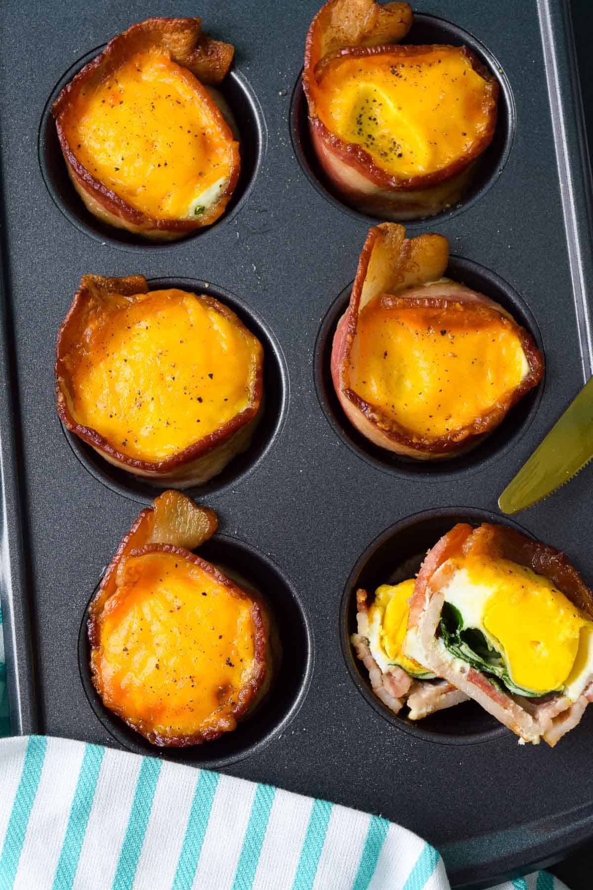 Overhead shot of bacon egg cups in muffin pan