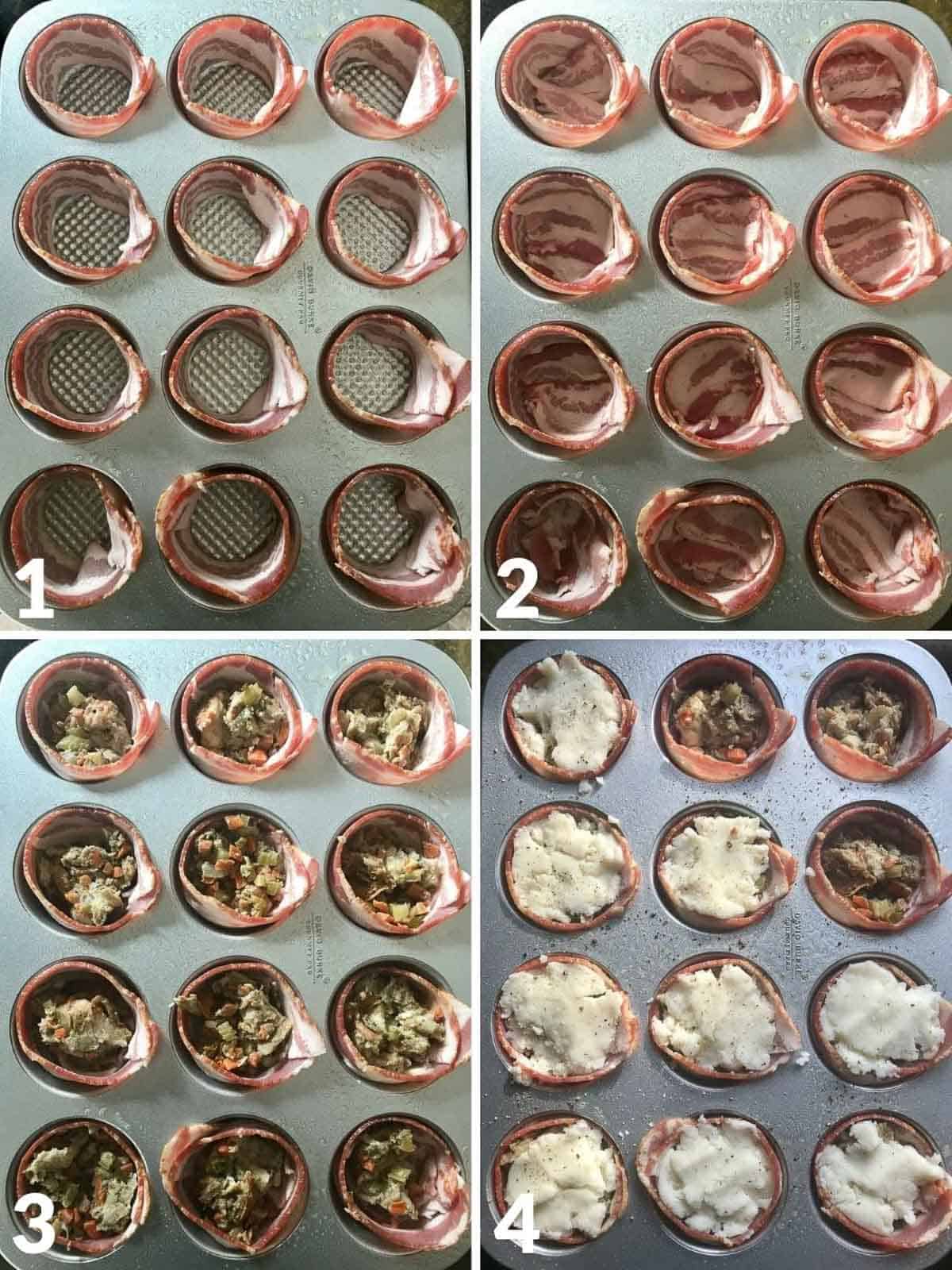 Collage of four images showing how to make leftover stuffed bacon cups 