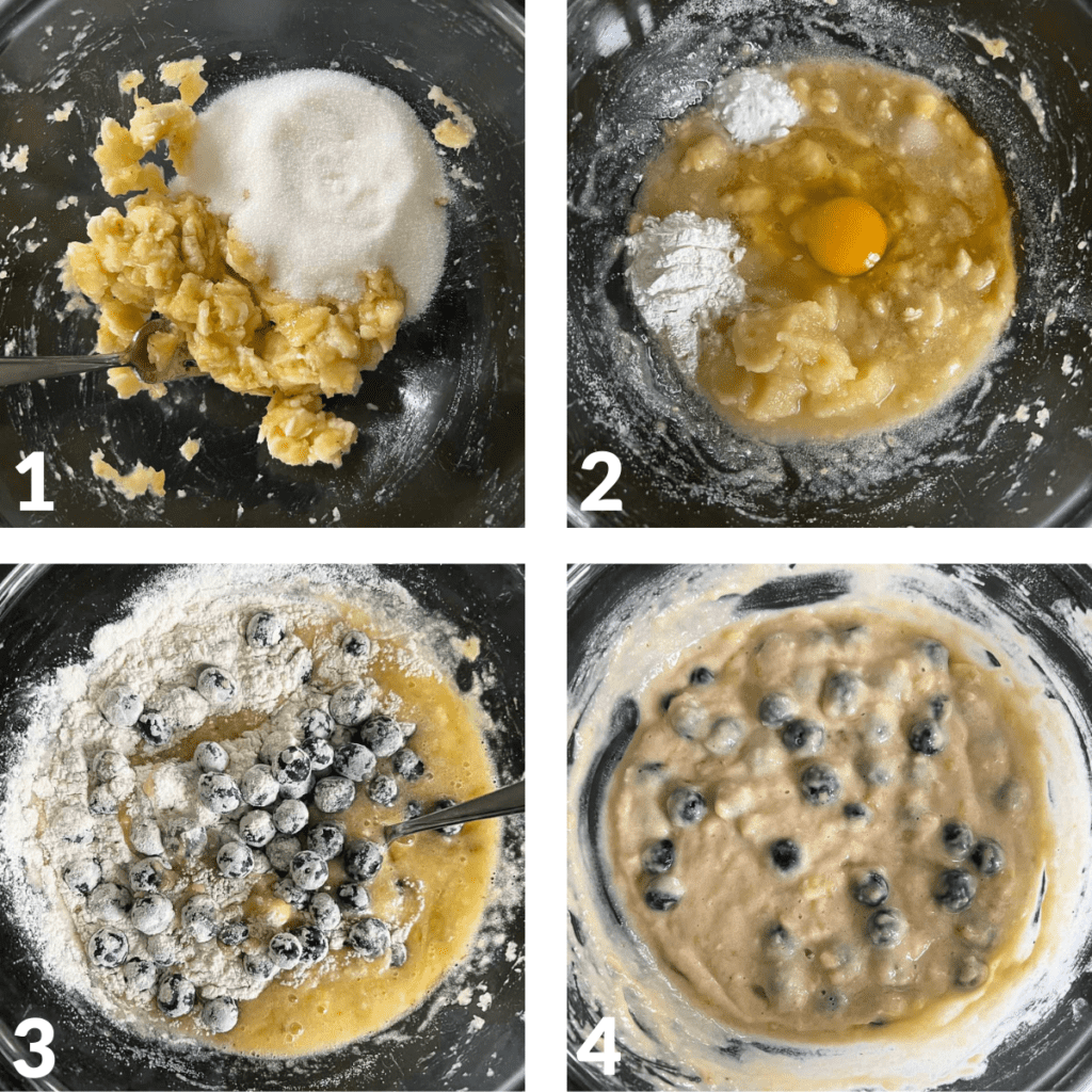 collage of images showing how to mix muffin ingredients 