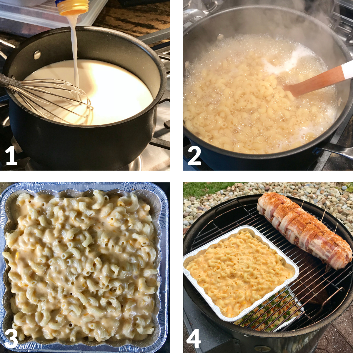 collage of step by step photos for smoked Mac and cheese
