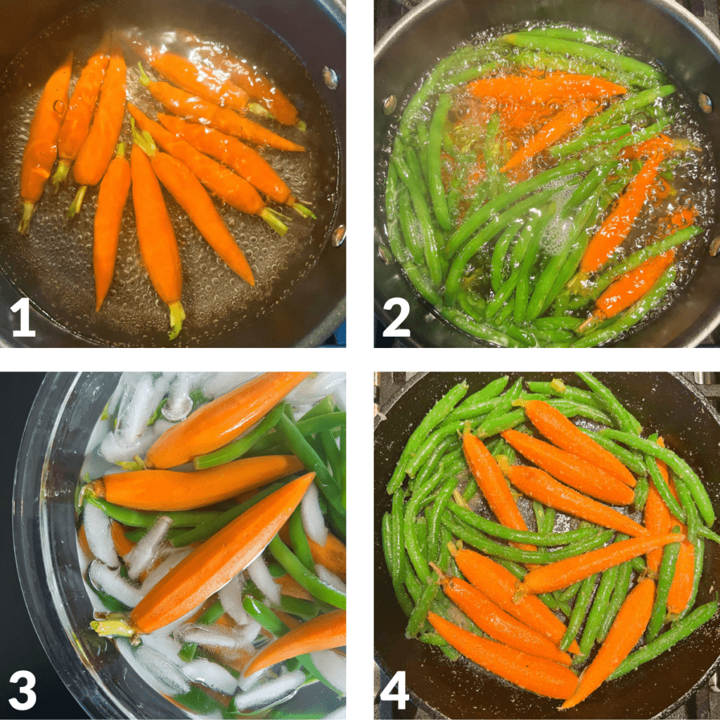 collage showing 4 steps to making sautéed carrots and green beans