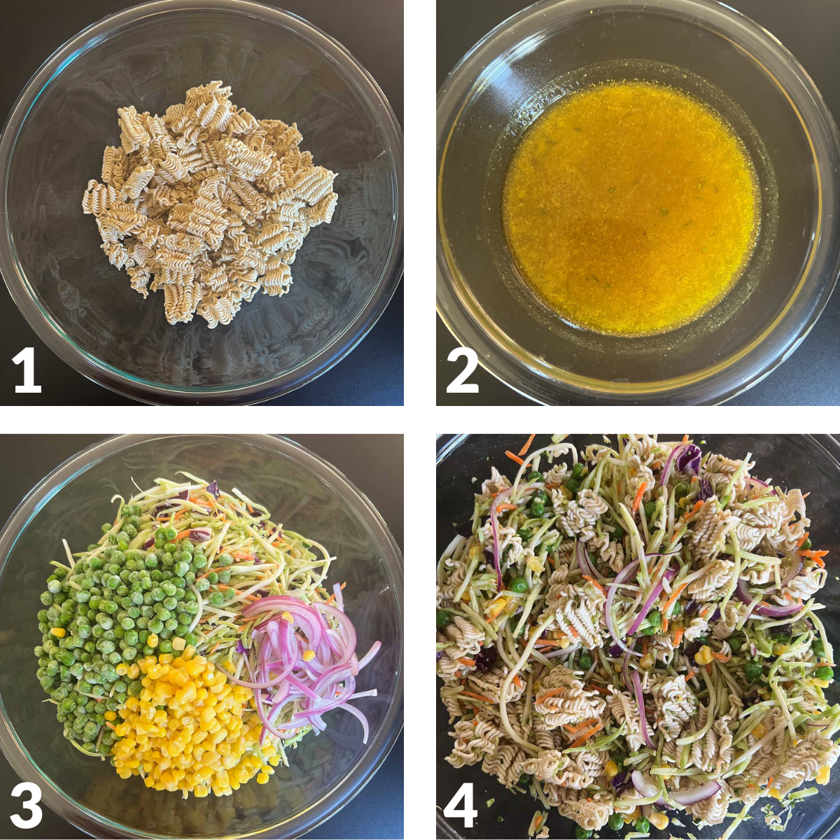 collage of images showing step by step recipe instructions for dump and done ramen salad