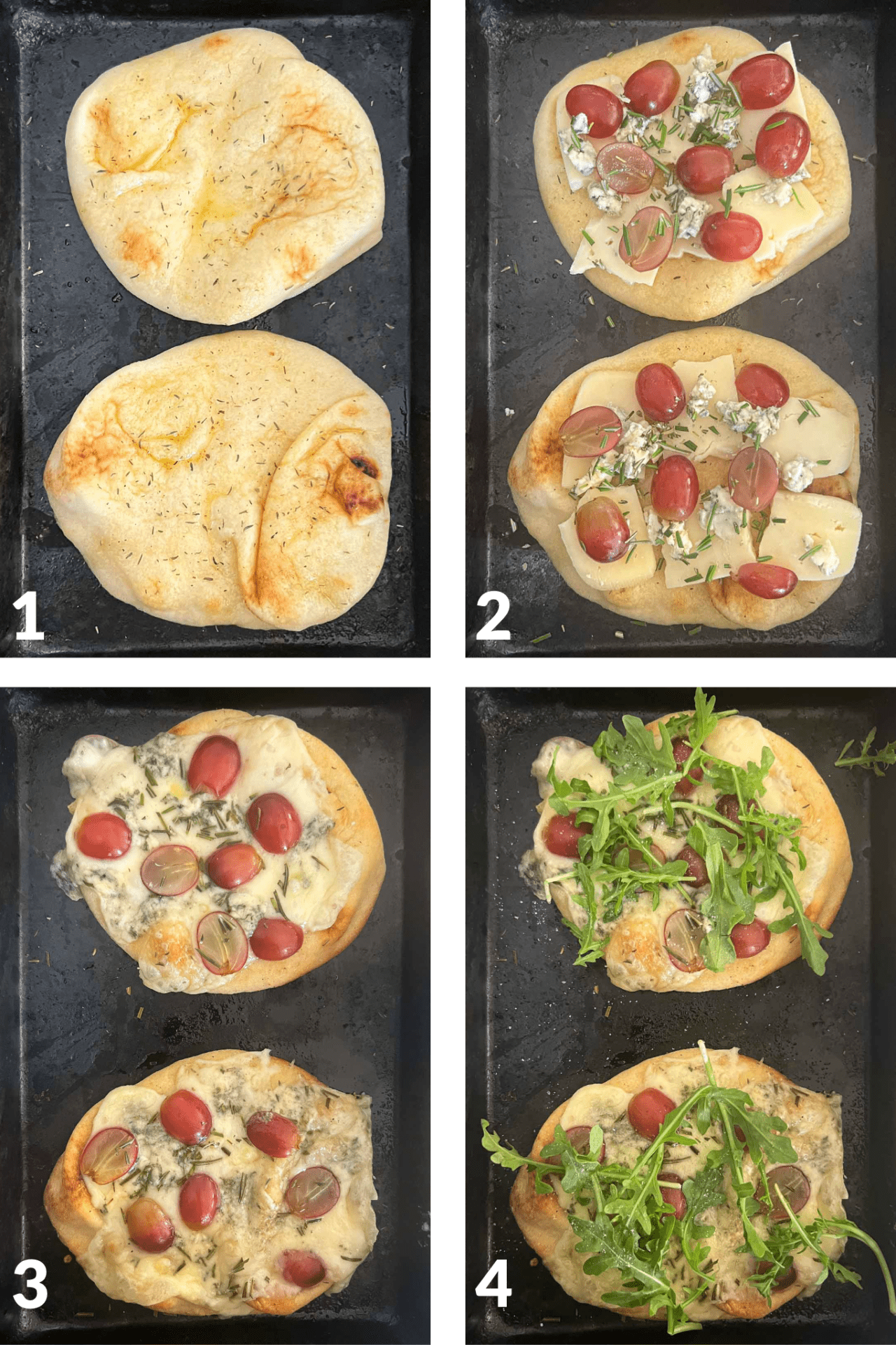 collage showing 4 steps topping flatbread with various ingredients