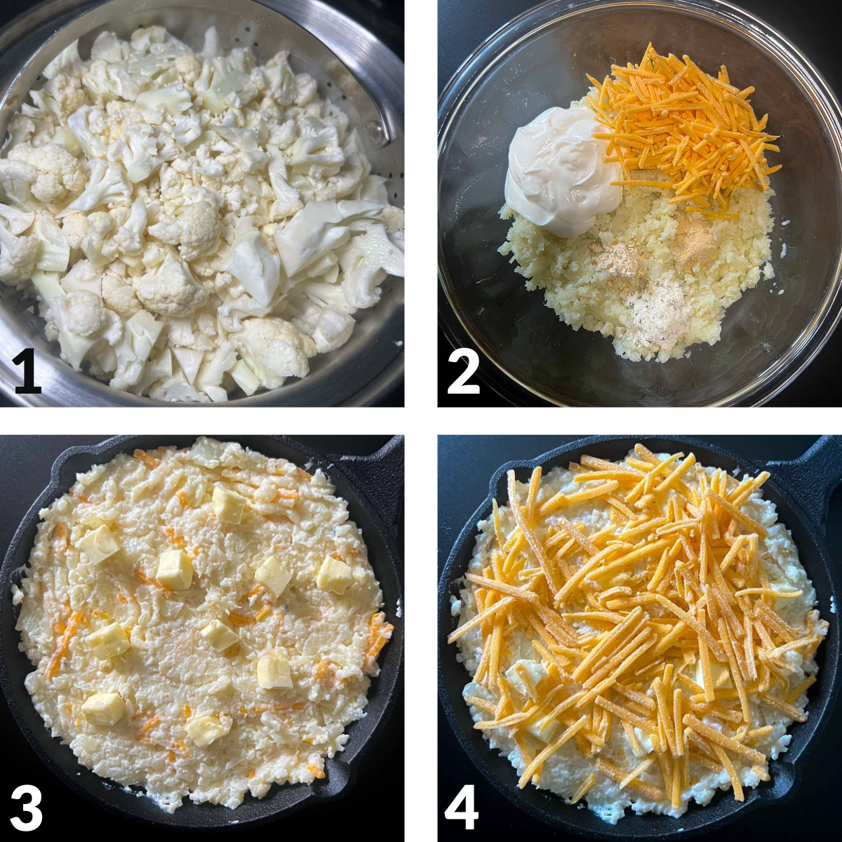 collage of 4 images showing how to make mashed cauliflower