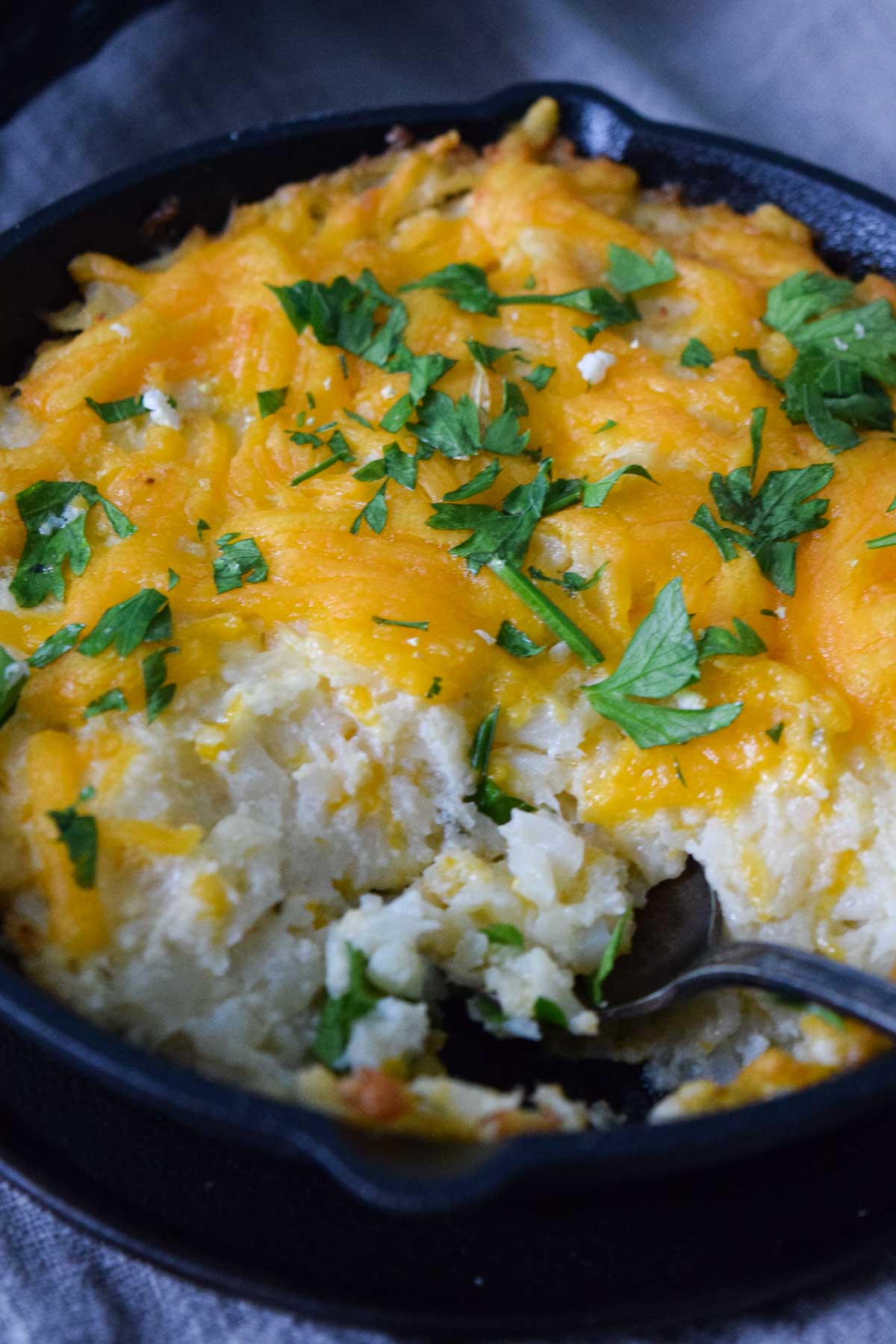 side zoomed in view of mashed cauliflower topped with cheese and parsley